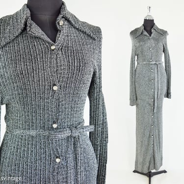 1970s Silver Knit Maxi Dress  | 70s Silver Knit Maxi Coat  | Small 