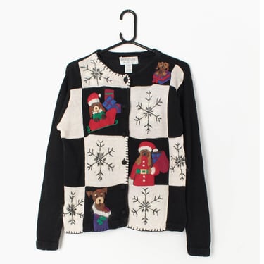 Vintage Dog Christmas cardigan sweater with cute puppies and snowflakes black and white 90s - Medium 