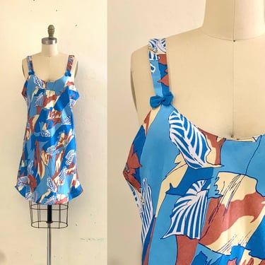 vintage blue abstract floral slip dress // blue nightie // cover up 