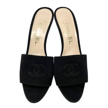 Chanel Black Suede Logo Heels