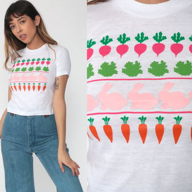 Vegan Shirt RABBITS + VEGGIES 80s Single Stitch TShirt Vegetarian Shirt Bunny Animal Shirt Vintage Carrot Graphic T Shirt Extra Small xs 