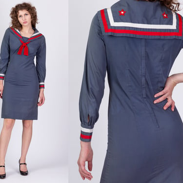 60s Nautical Sailor Collar Dress - Extra Small | Vintage Grey Striped Retro Costume Shift Midi Dress 