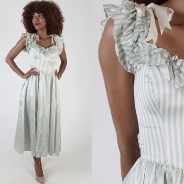 Vintage 80s Gunne Sax Blue Satin Maxi Dress / Off Shoulder Southern Belle Prom Gown / Striped Jessica McClintock Maxi Dress Size 7 