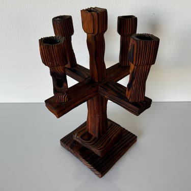 Vintage Hand Carved Wood Five Arms Candelabra 