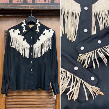 Vintage 1940’s “Ranch Maid” Black x White Fringe Gabardine Western Shirt Top, 40’s Western Wear, Vintage Cowgirl, Vintage Clothing 