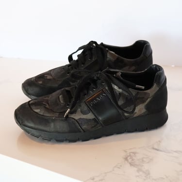 Vintage PRADA Y2K Canvas + Leather Camouflage Sneakers sz 39 Camo Black Gray Streetwear Trainer 