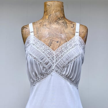 Vintage 1960s White Nylon Lace Full Slip, Tall Size Slip, Mid Century Lingerie, 36" Bust 