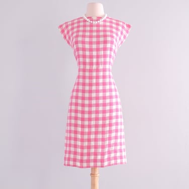 Darling 1950's Barbie Pink &amp; White Gingham Wiggle Dress / Sz S