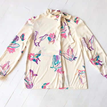1970s Butterfly Print Pussybow Top 