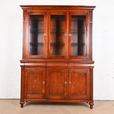 Ethan Allen French Regency Louis XVI Carved Cherry Wood Lighted Breakfront Bookcase or Display Cabinet