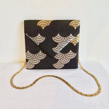 Vintage Black Gold Silver Metallic Brocade Envelope Purse Convertible Clutch Art Deco Style Asian Fabric Gold Snake Shoulder Chain Evening 