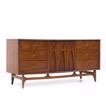 Broyhill Brasilia Mid Century Walnut and Brass 9-Drawer Lowboy Dresser - mcm 