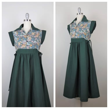 Vintage 1970s cotton floral dress, calico, boho, color block, cottagecore 