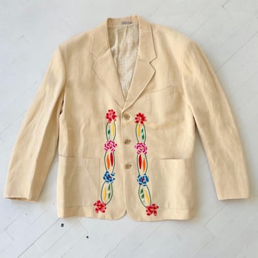 Vintage Italian Embroidered Floral Cream Linen Jacket 