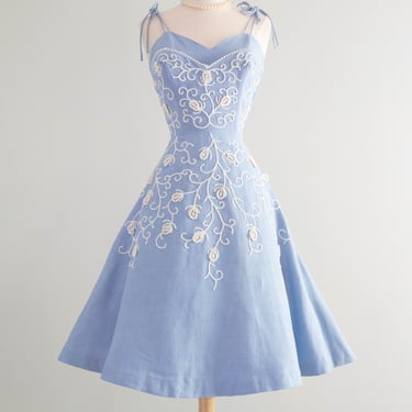 Beautiful 1950's Embroidered Wedgewood Blue Party Dress By | Xtabay Vintage  - Portland, OR | ATTIC