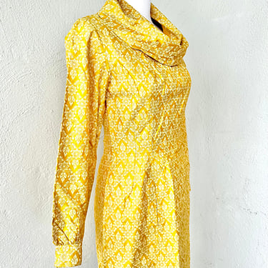 Vintage 60s Silk Brocade Dress Cowl Neck Natural Fiber 1960s Golden Yellow Floral Sheath Dress 