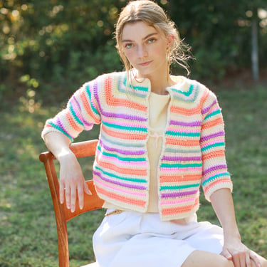 50s Rainbow Pastel Striped Cardigan Vintage Crochet Hand Knit Sweater 