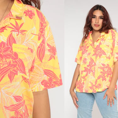 Yellow Hawaiian Shirt 90s Tropical Button Up Floral Leaf Print Top Retro Surfer Vacation Short Sleeve Summer Vintage 1990s Extra Large xl 
