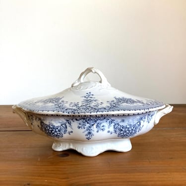 antique blue transferware oval covered bowl Festoon Staffordshire England 