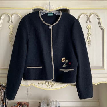 Vintage Geiger Austria boiled wool jacket | black wool Tyrol jacket, sunflower embroidery, women’s 38 M 