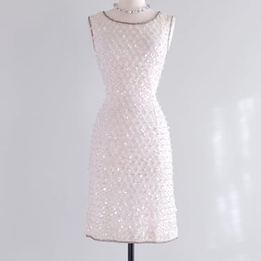 Glam 1960's Ivory & Silver Dazzling Party Dress/ Sz M