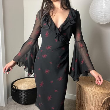 vintage 90s y2k black sheer silk red floral print ruffle trim faux wrap v neck witchy flare sleeve midi dress by express 