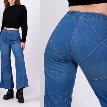 70s Decorative Stitch Flared Jeans - Medium, 29.5" | Vintage High Waisted Denim Boho Cut Off Frayed Jeans 