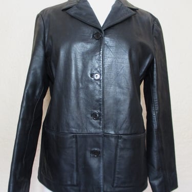 Leather Jacket Women, Vintage Y2K Gap, Medium, Black Leather, Mid Length, Peacoat 