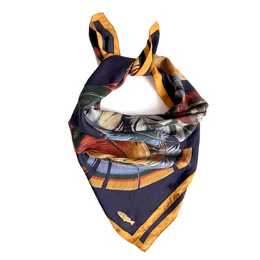 Vintage Wathne England Silk Scarf, Feathers Design in Navy, Brown and Gold, Designer Silk Scarf, Gift for Her, 35" Square 