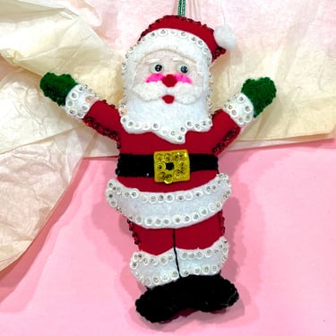 VINTAGE: Felt Beaded Sequin Santa Ornament - Pillow Ornament - Christmas - Holidays - Pillow Ornament 
