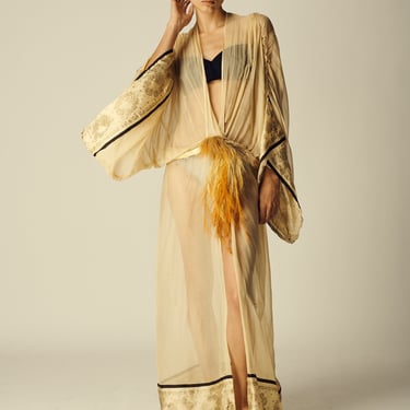 Antique Chiffon Robe with Feather and Silk Ribbon Detail