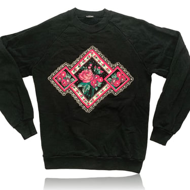 80s Black Crewneck Sweatshirt Hot Pink Diamonds Floral Graphic// Size Medium 