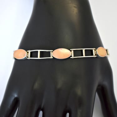 Edgy 60's sterling queen conch Modernist link bracelet, 925 silver bars & orange ovals stacker 