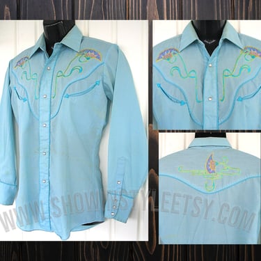 Levi's Vintage Western Men's Cowboy Shirt, Rodeo Shirt, Baby Blue with Floral Embroidered Designs, Approx. Small (see meas. photo) 