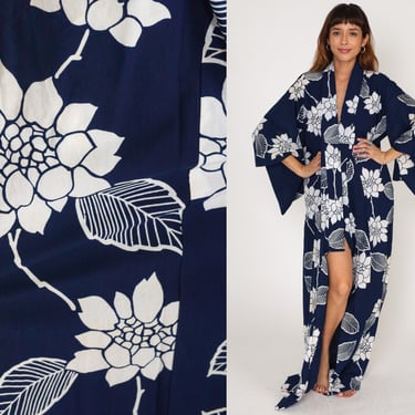 Navy Floral Kimono 80s Long Robe Open Front Maxi Jacket Japanese Full Length House Coat Flower Print Blue Vintage 1980s Medium Large xl 