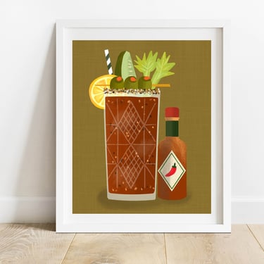 Bloody Mary & Tobasco 8 X 10 Art Print/ Bar Cart Wall Decor/ Food and Drink Illustration/ Classic Cocktail Art 