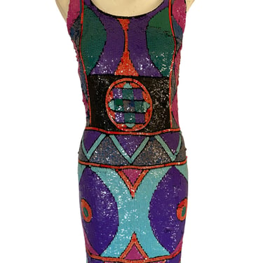 Vintage sequin DRESS 90's beaded sequin cocktail dress colorful aztec tribal print sequin dress, nye sequin holiday dress size small 