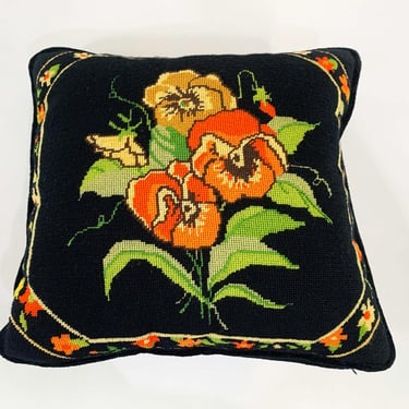 Vintage Floral Pillow Needlepoint Square Velvet Accent Black Pansy Pansies Throw Sofa Couch Orange Yellow Green Small Mid-Century 1970s 70s 