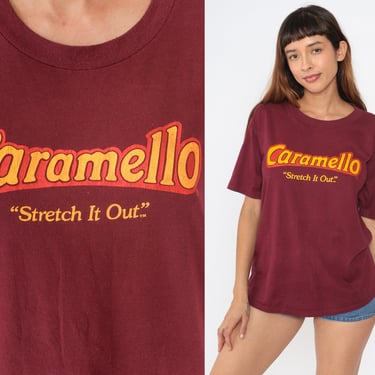 Vintage Caramello T Shirt 80s Stretch It Out Tee Food Candy Slogan Retro Tshirt Vintage 1980s Graphic Burgundy Retro Medium Large 