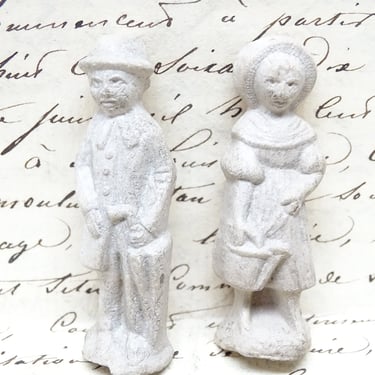 Antique Miniature French Un-Painted Composite Man & Woman Vintage Toys  for Putz or Nativity,  Doll House 