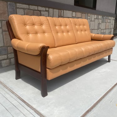 Danish Modern Leather Sofa with Rosewood Finish Bentwood Frame 