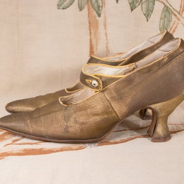 1910s Shoes - Size 8 - Gorgeous Edwardian Dazzling Metallic Gold Lamé Evening Shoes with Louis Heels 