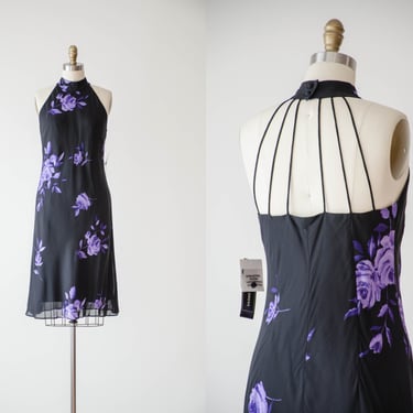 black chiffon dress | 90s y2k vintage black purple floral chiffon open low back halter short party dress 