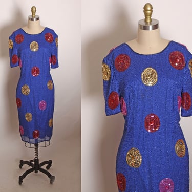 1980s Blue, Pink and Gold Oversized Circle Polka Dot Short Sleeve Formal Dress by Leslie Fay Evenings -M 