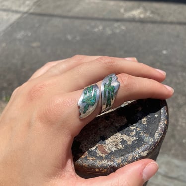 Vintage Sterling Turquoise Mosaic Inlay Ring, Elongated Bypass Ring, Bird Motifs, 925 Native American Jewelry, Size 8 1/2 US 