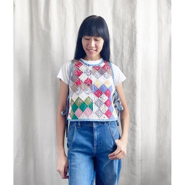 Quilt Bib Tank - vintage 1960s Diamond patch green red blue floral women's cropped vest sleeveless all-season side tie top one-of-a-kind 