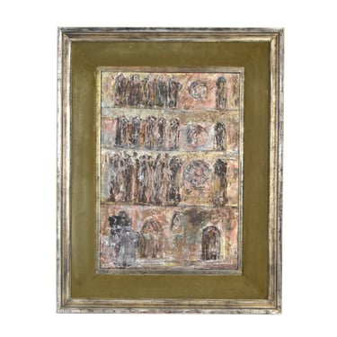 Vintage Midcentury Abstract Painting “Facade” Figures Architecture sgd Sinnot-Neal 
