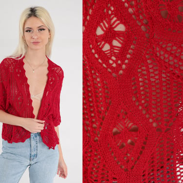 Red Crochet Cardigan 00s Sheer Knit Sweater Top Short Sleeve Boho Blouse Open Front Hippie Festival Bohemian Open Weave Vintage Small Medium 