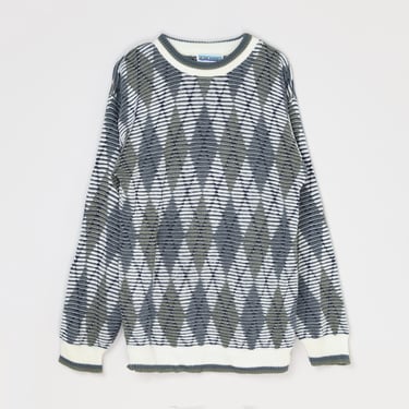 Vintage 90s Argyle Knit Sweater - teal, olive, white, made in usa, oversized - Men's L 