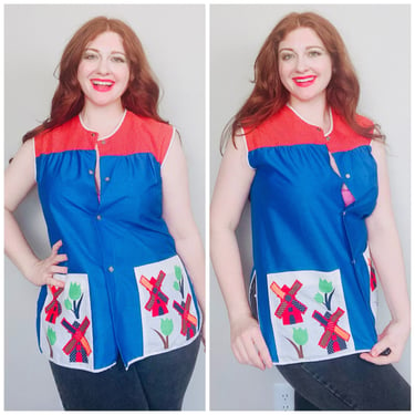 1970s Vintage Windmill Poly Cotton Smock / 70s / Seventies Blue and Red Novelty Print Art Vest / Large - XL 
